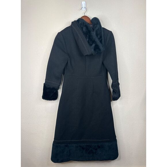 Elegant‎ Black & Faux Fur Trimmed Coat With Hood & Button Detail Pennylane VTG M - Picture 5 of 8